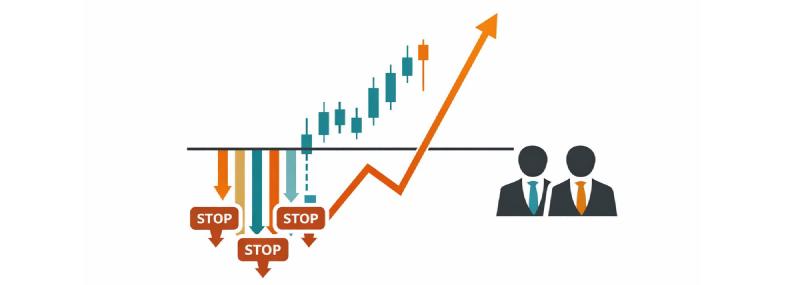 Liquidity grab stop hunt example showing price sweeping below support, triggering stop losses, and reversing sharply upward in orange and teal minimalist chart