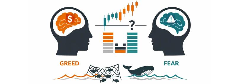 Minimal flat illustration of market microstructure psychology showing whale and small fish in orange and teal on white background