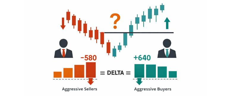 Volume Delta divergence example showing price rising with negative delta and price falling with positive delta in minimalist orange and teal chart