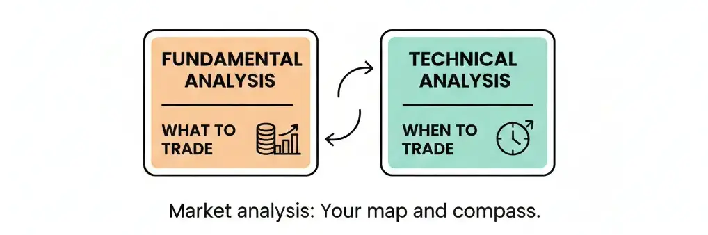 Graphic showing Fundamental Analysis (FA) with 'WHAT TO TRADE' and Technical Analysis (TA) with 'WHEN TO TRADE', illustrating their complementary roles in trading
