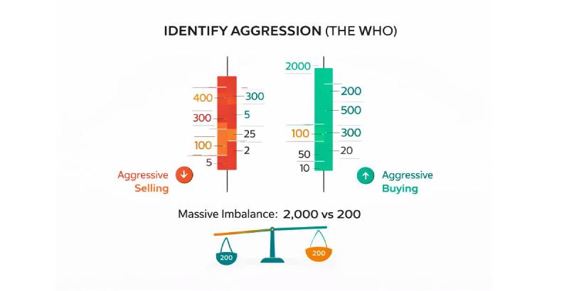 Order flow footprint chart showing aggressive buying vs aggressive selling imbalance with 2000 vs 200 volume example
