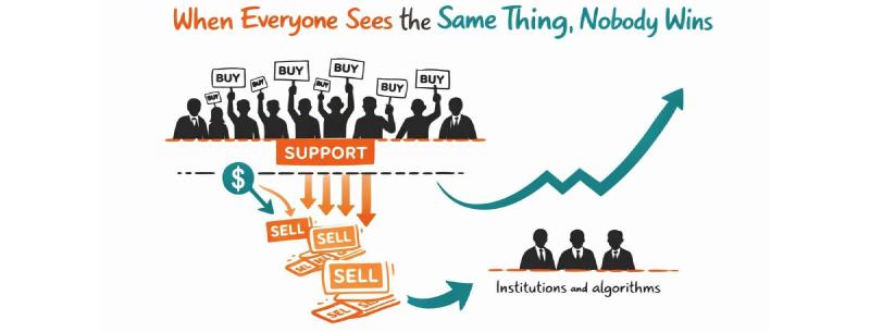 Minimal illustration of liquidity trap in trading where retail traders buy at support and institutions trigger stop losses before reversal