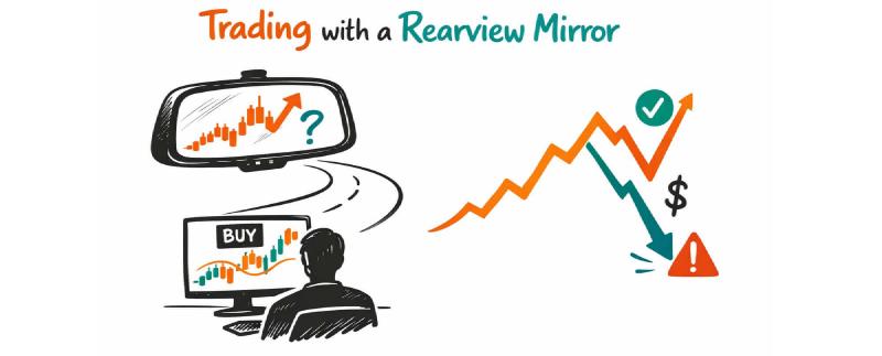 Minimal illustration of lagging indicators in trading showing a rearview mirror reflecting past price action while a late buy signal appears on the screen