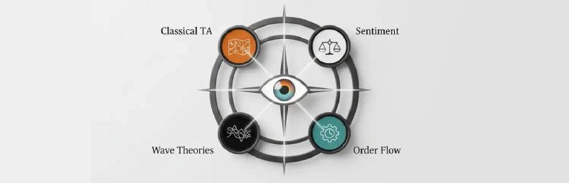 Minimalist compass graphic mapping four market theories: Classical TA, Sentiment, Wave Theories, and Order Flow around a central eye icon.