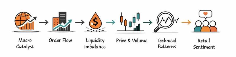 Market ecosystem sequence: macro catalyst → institutional order flow → liquidity imbalance → price movement → technical pattern → retail sentiment